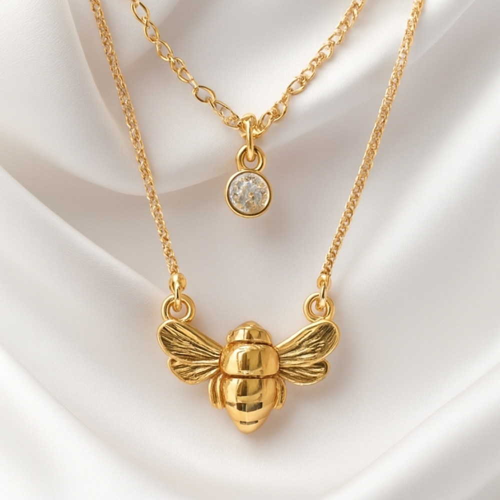 Gold Bee Crystal Charm Pendant Set of 2 Necklaces - Women's Fashion Jewelry